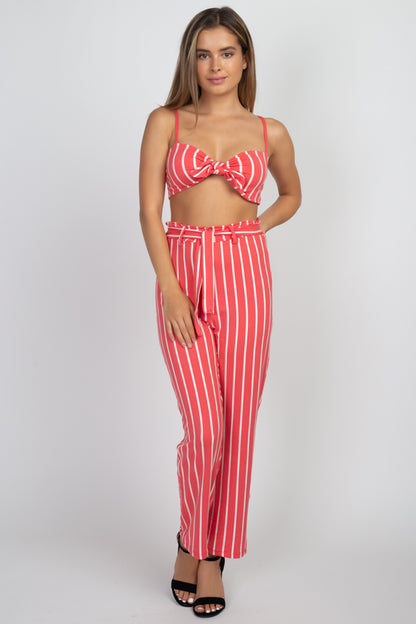 [$3/piece] Striped Front Tie Top and Pants Set