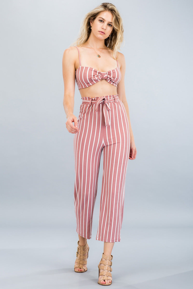 [$3/piece] Striped Front Tie Top and Pants Set