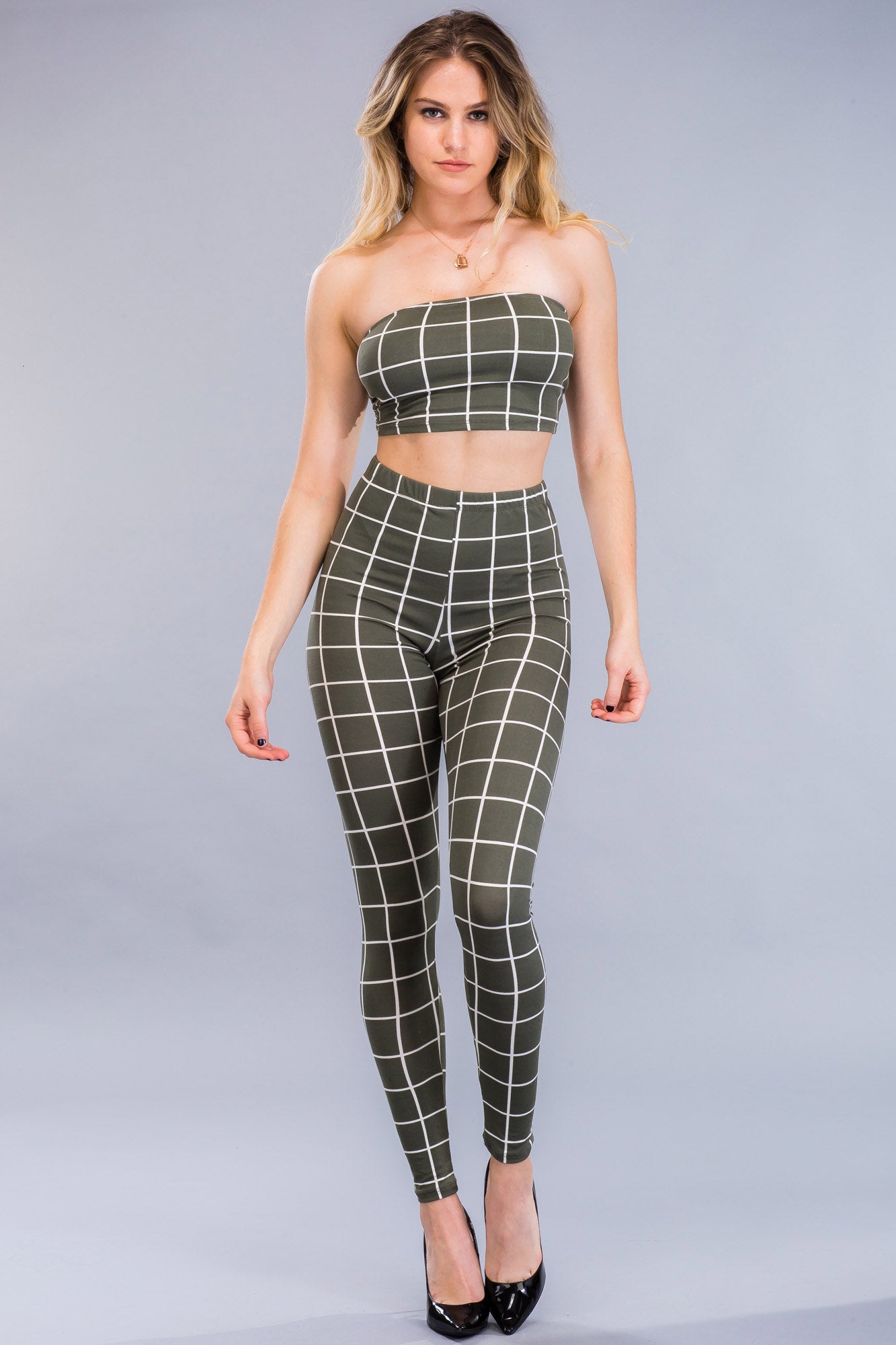 [$3/piece] Grid Printed Tube Top & leggings set