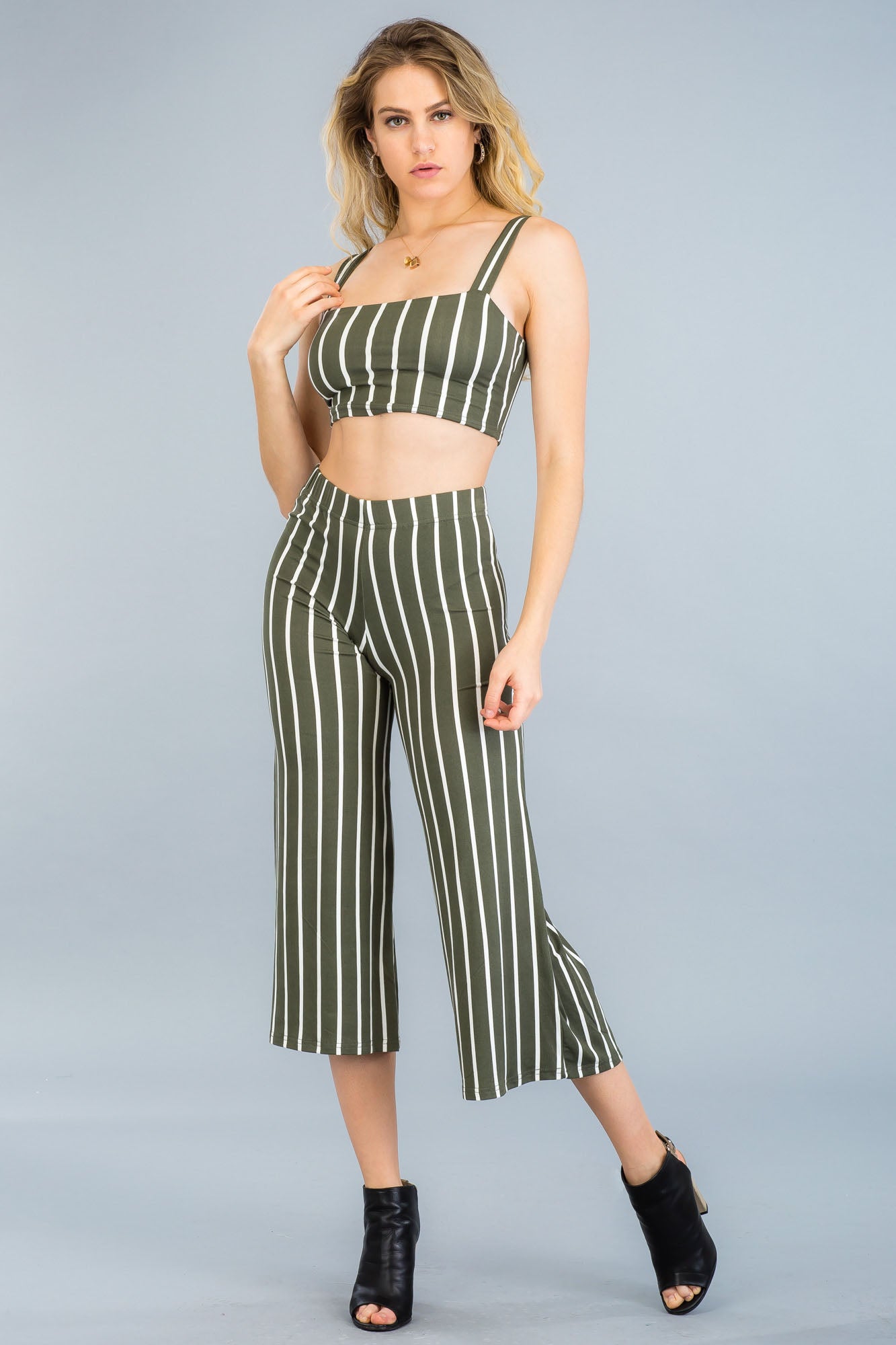 [$3/piece] Striped Crop Top & Wide Leg Pants Set