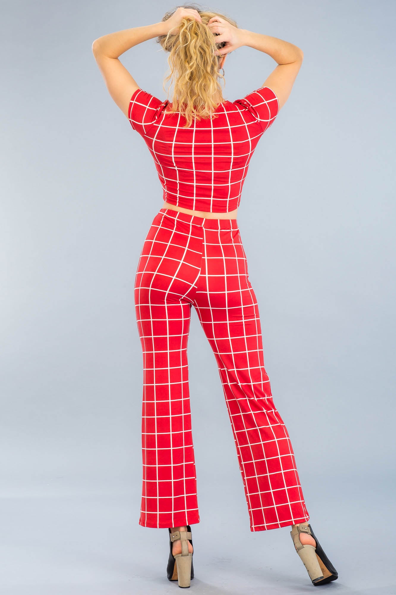 [$3/piece] Grid Printed Crop Top & Flare Pants Set