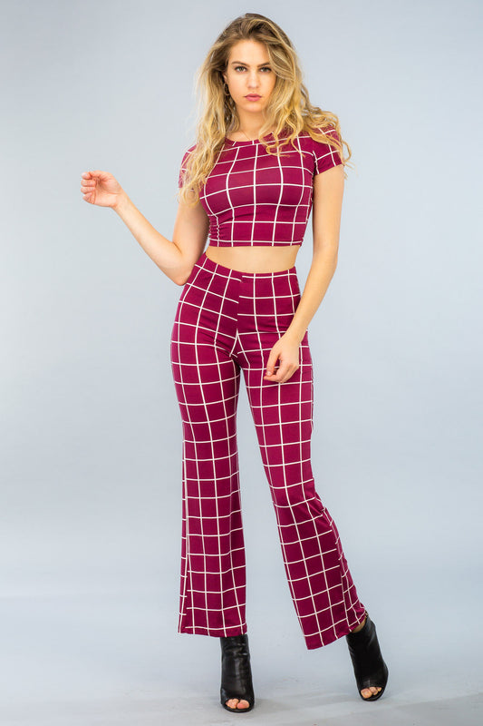 [$3/piece] Grid Printed Crop Top & Flare Pants Set