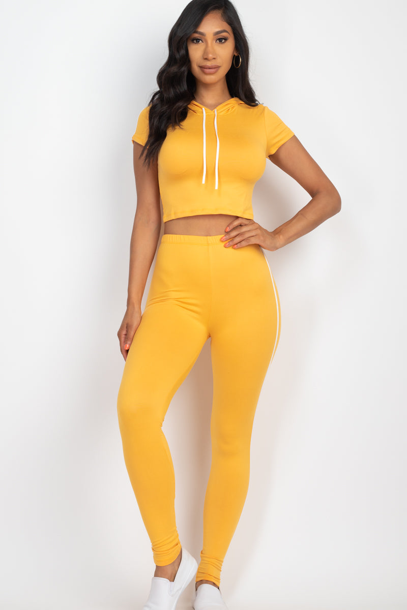 [$3/piece] Hooded crop top and leggings set with stripe trim detail