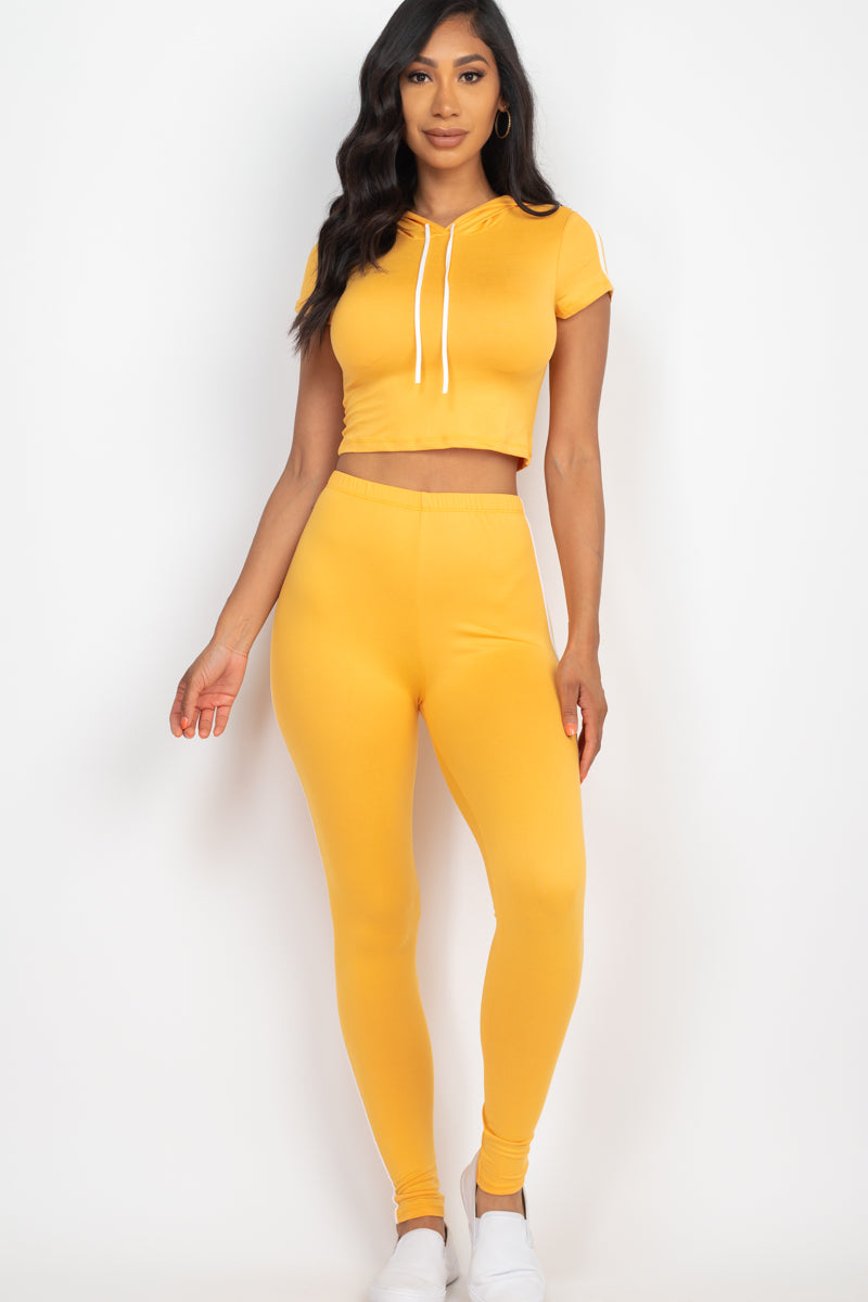 [$3/piece] Hooded crop top and leggings set with stripe trim detail