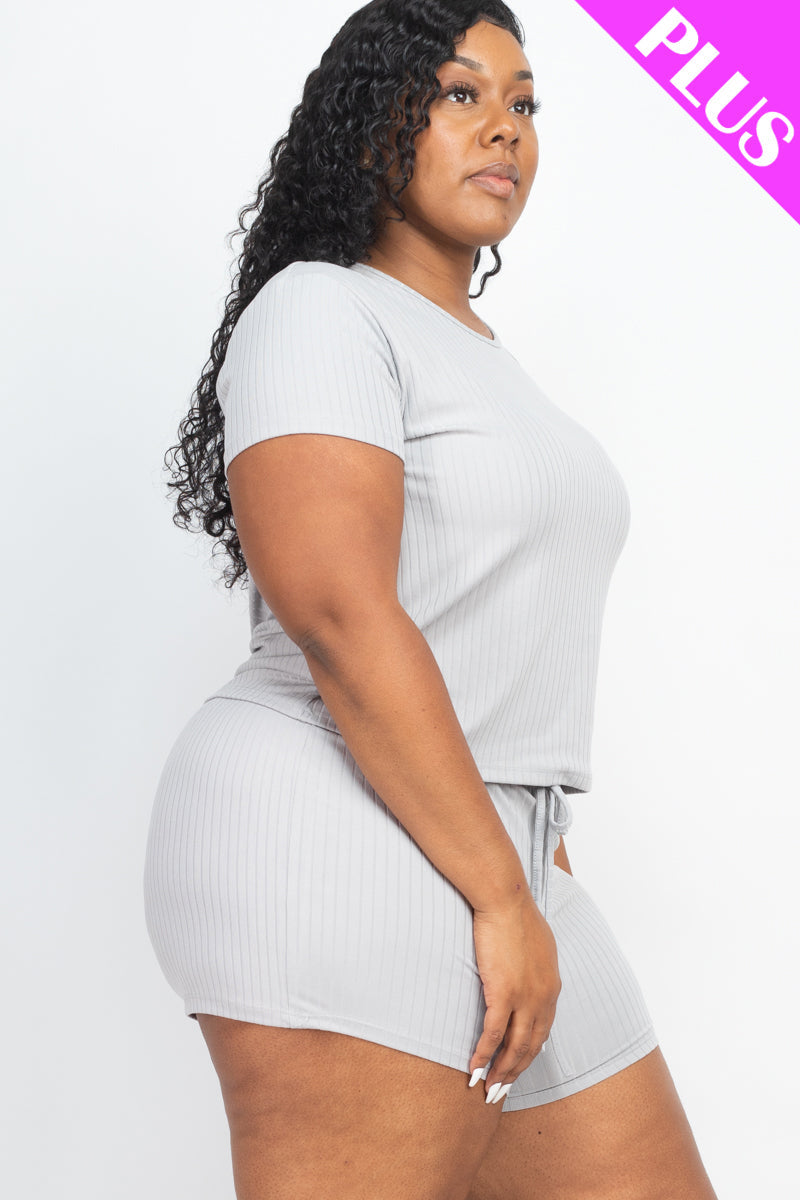 [$5/piece] Plus Size Ribbed Short Sleeve Top & Shorts Set