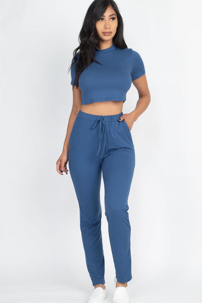 [$5/piece] Mock Neck Short Sleeve Crop Top & Pants Set