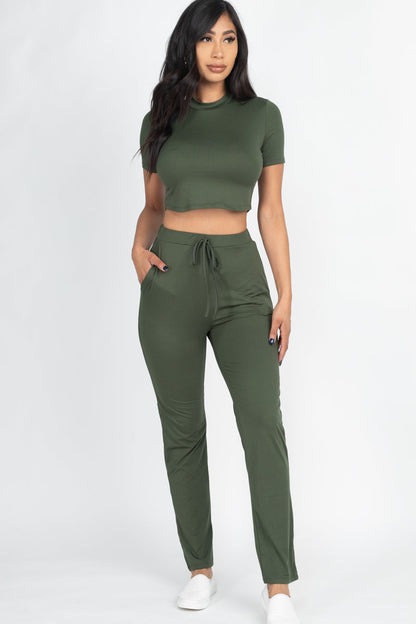 [$5/piece] Mock Neck Short Sleeve Crop Top & Pants Set