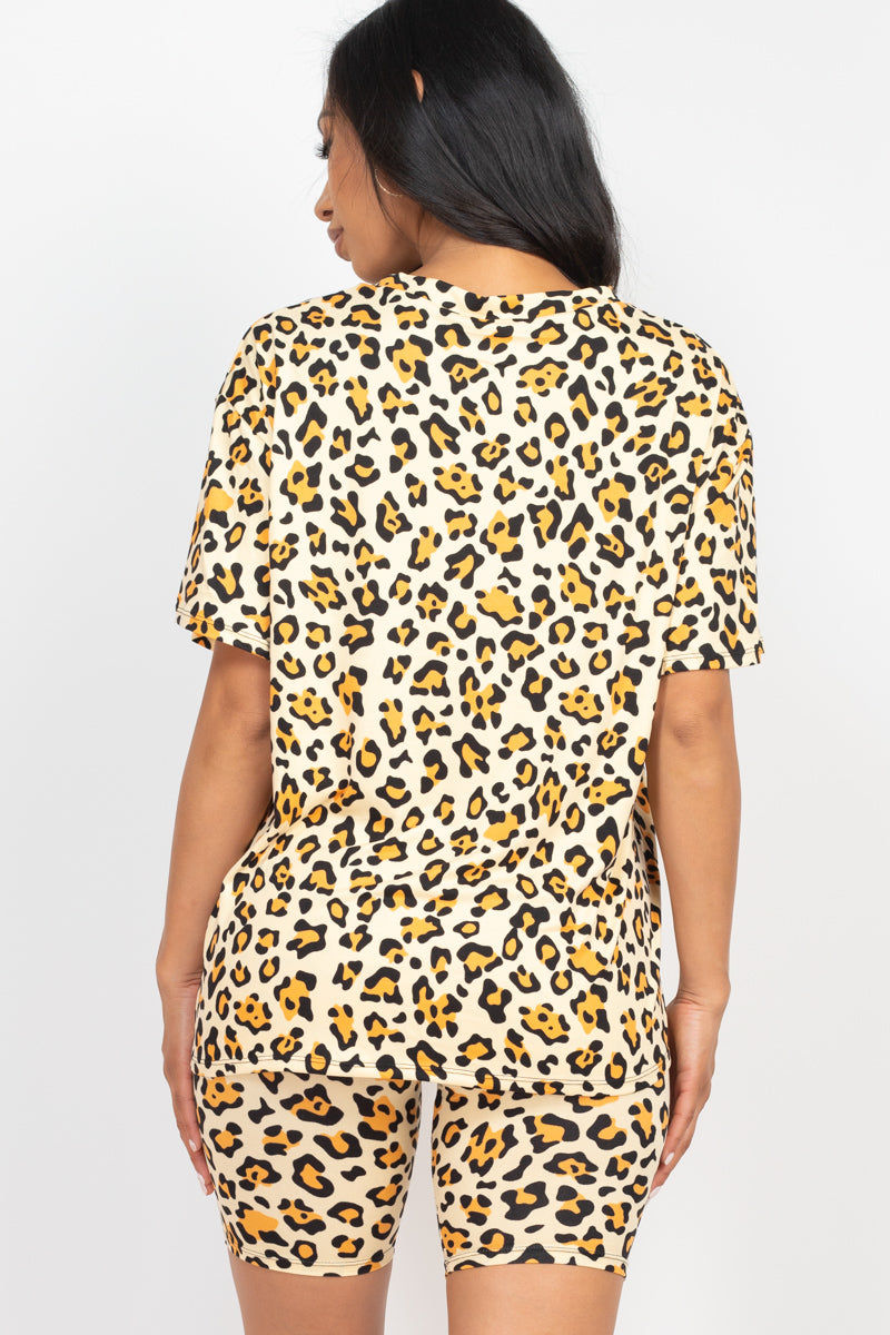 [$4/piece] Leopard Print Loose Fit Top&Biker Shorts Set