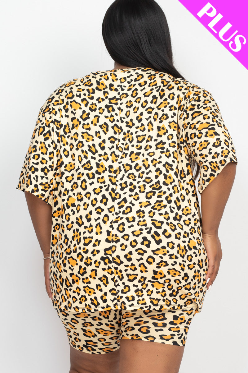 [$5/piece] Plus Size Leopard Print Loose Fit Top&Biker Shorts Set