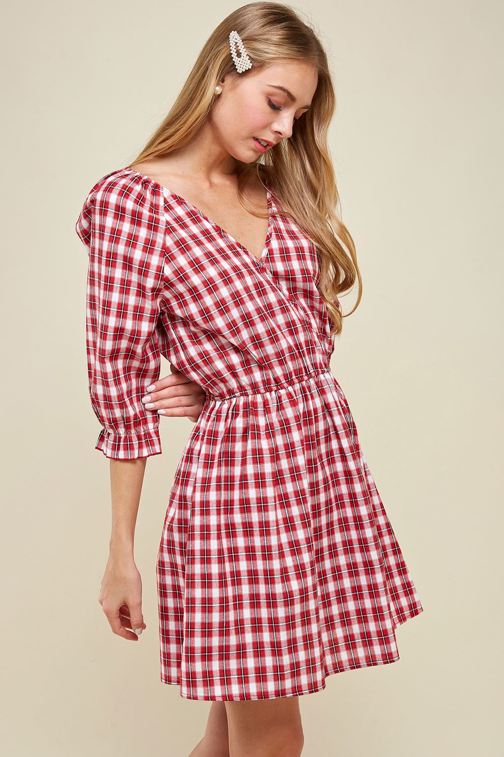[$5/piece] Plaid Printed 3/4 Sleeve Short Dress