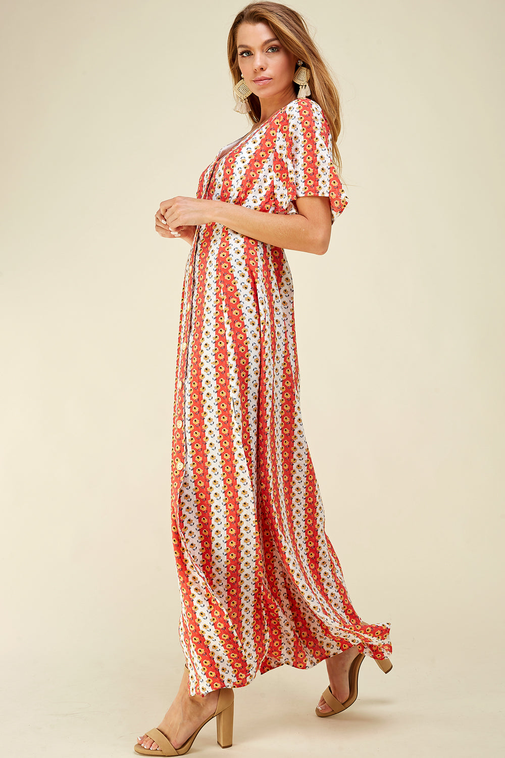 [$6/piece] Floral stripe print side slit maxi dress