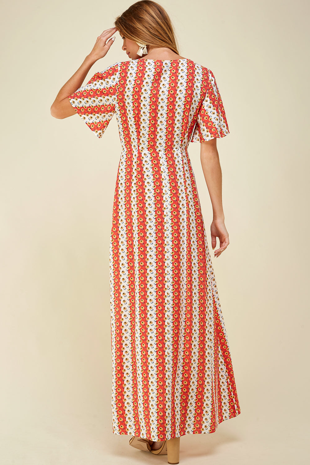 [$6/piece] Floral stripe print side slit maxi dress