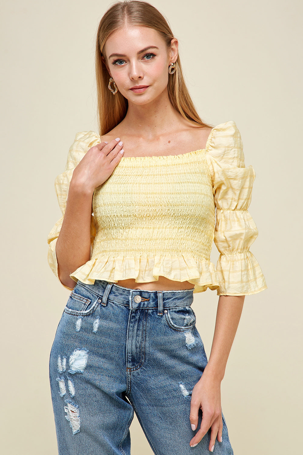 [$4/piece] Puff sleeves smocking top